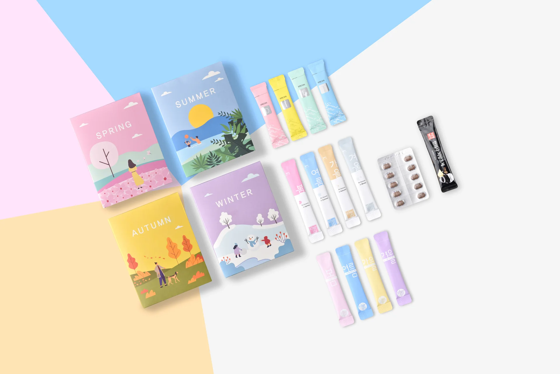 봄, 여름, 가을, 겨울 패키지로 구성된 하늘애 다이어트환 제품
