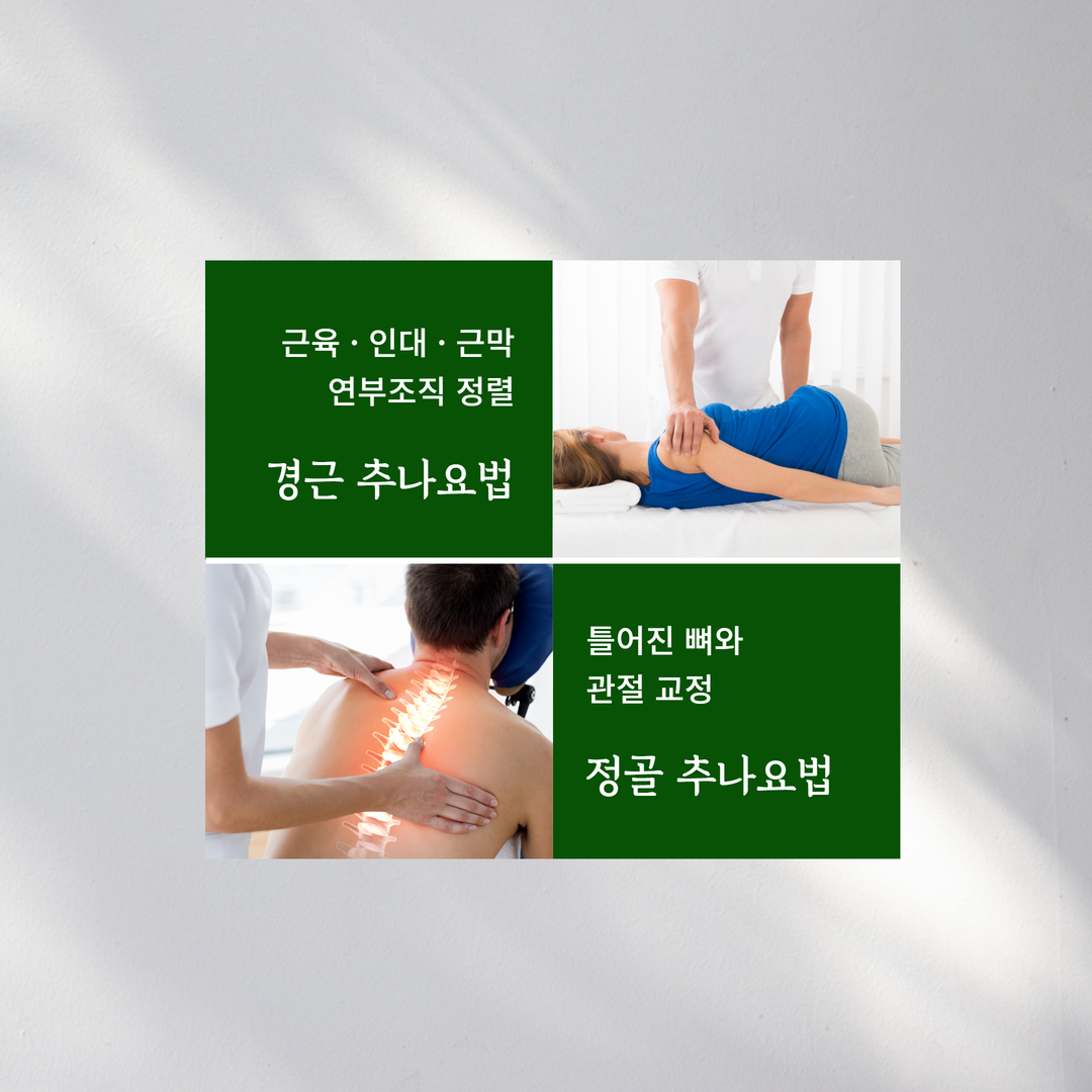 경근 추나요법과 정골 추나요법을 사진과 문구로 비교한 원본 안내 이미지