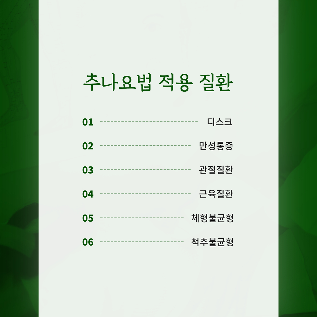 추나요법과 관련해 살펴볼 통증·관절·근육·체형 항목을 나열한 원본 안내 이미지