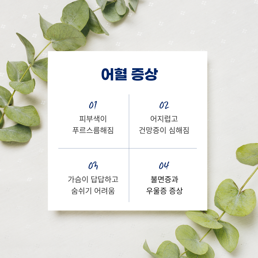 어혈 증상으로 피부색 변화, 어지럼과 건망증, 가슴 답답함과 호흡곤란, 불면과 우울 증상을 열거한 안내 이미지