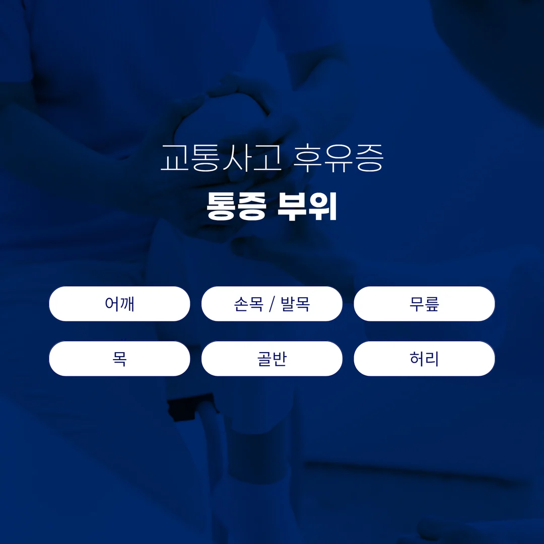 교통사고 뒤 목, 어깨, 허리, 골반과 관절 부위의 불편을 살펴보는 안내 이미지