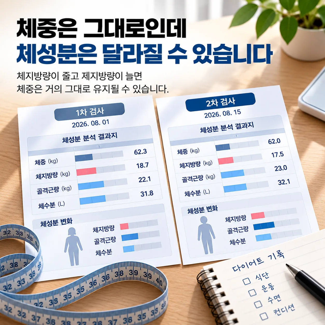 2주 간격으로 출력한 체성분 결과지 두 장과 줄자를 나란히 놓고 비교하는 모습