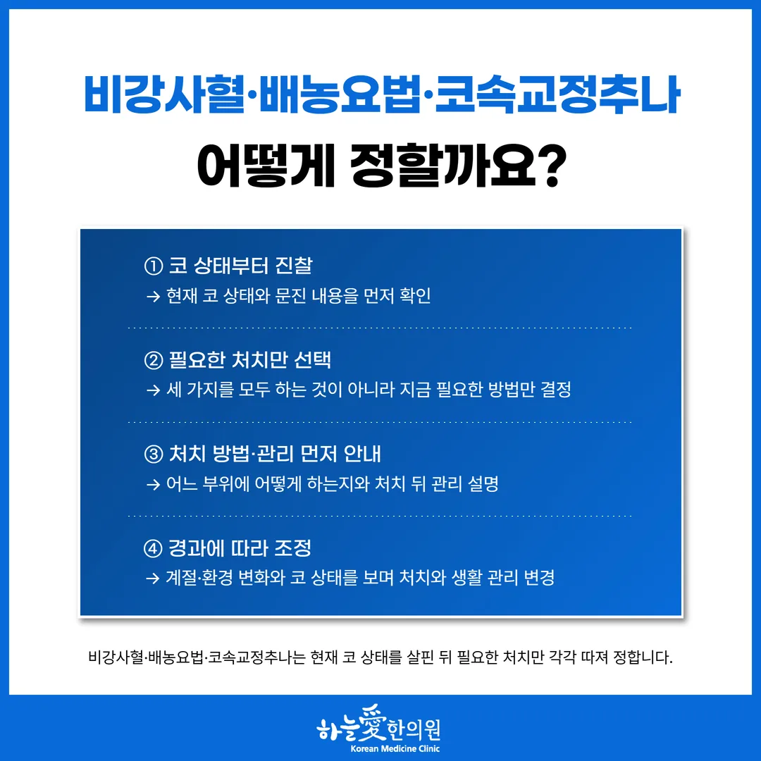 문진과 진찰 뒤 비강사혈 배농요법 코속교정추나를 처치마다 따로 정하는 흐름도