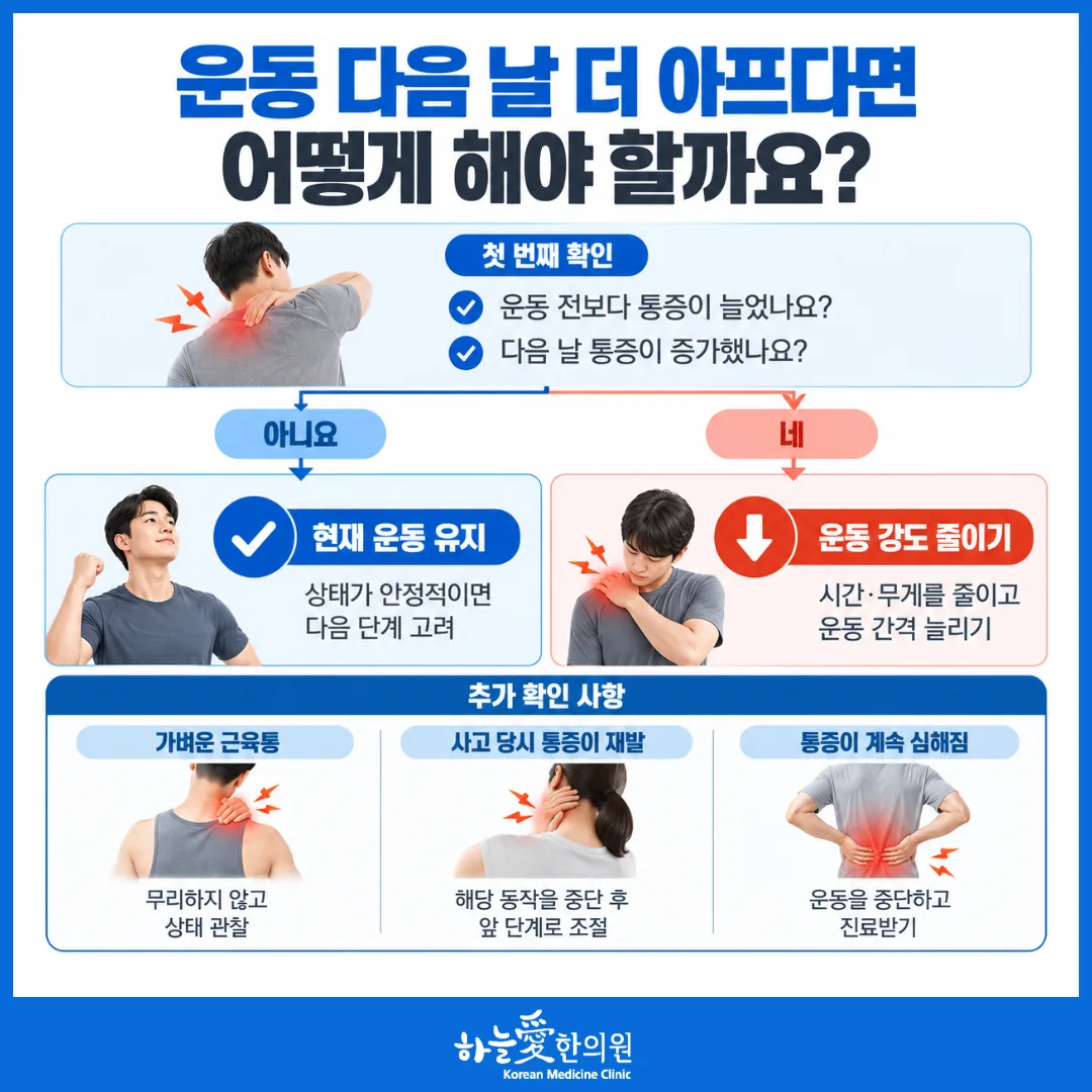 운동 다음 날 통증으로 운동 강도와 간격을 정하는 판단 흐름도