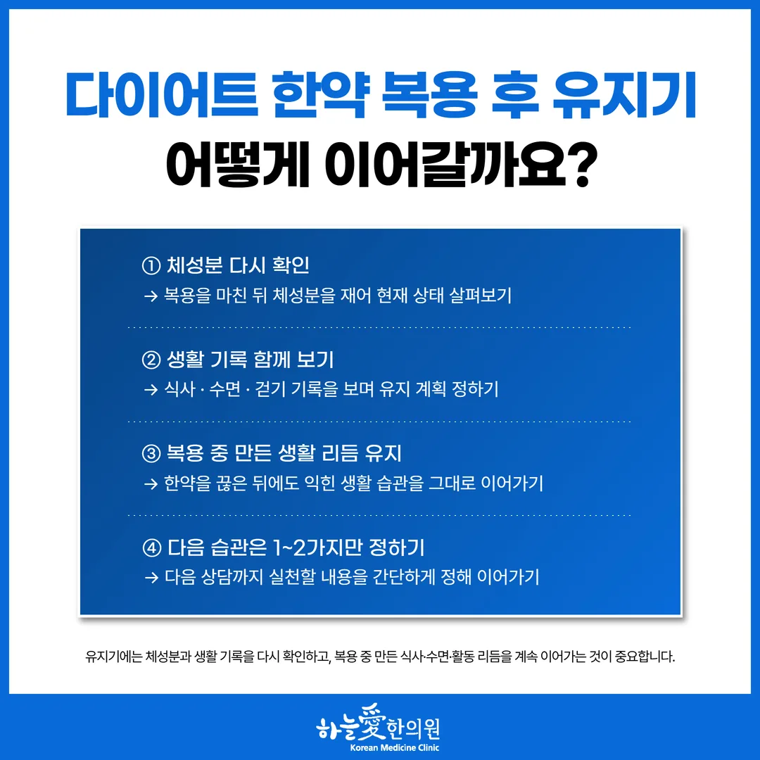 한약 복용을 마친 뒤 체성분 재측정, 식사·수면·걷기 기록 보기, 이어 갈 습관 정하기를 잇는 흐름도